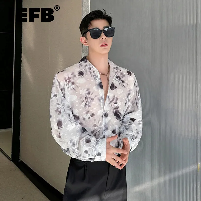 

IEFB New Man's Trend Long-sleeved Shirt Chinese Personality Style Printed Tulle Breathable Lapel Top 2024 Summer Trendy 9C5539