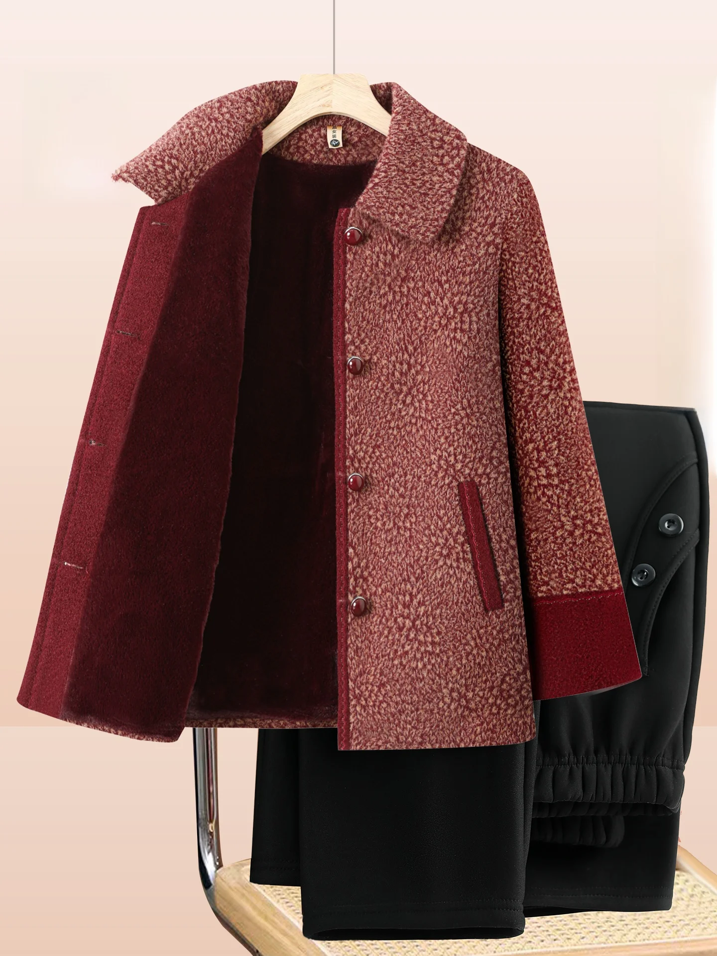 

Faionable Thiened Fce Lined Collared Outerwear for Middle-Aged And ly Women Mom Sle Coat Warm And Comfortable