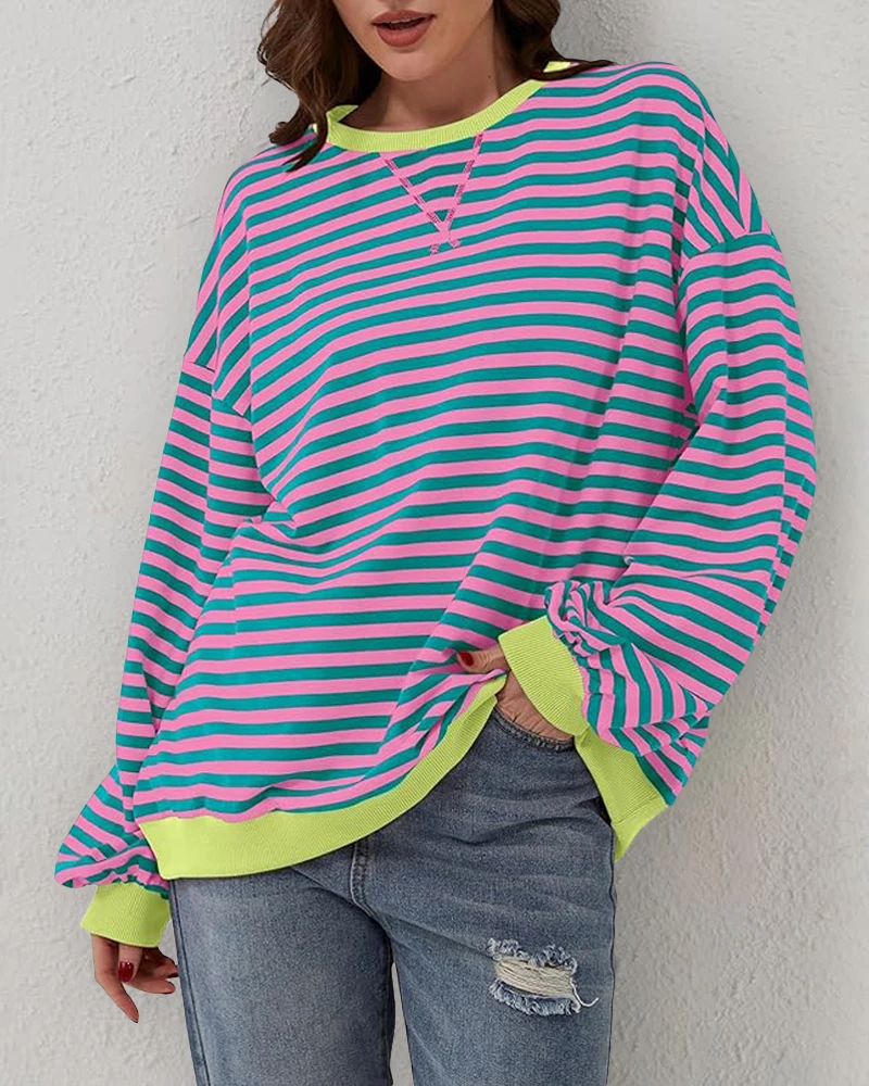 Women's Marketing Style Hoodie 2025 Autumn Winter Latest Color Blocked Striped Long Sleeved Top for Sports and Leisure Pullover