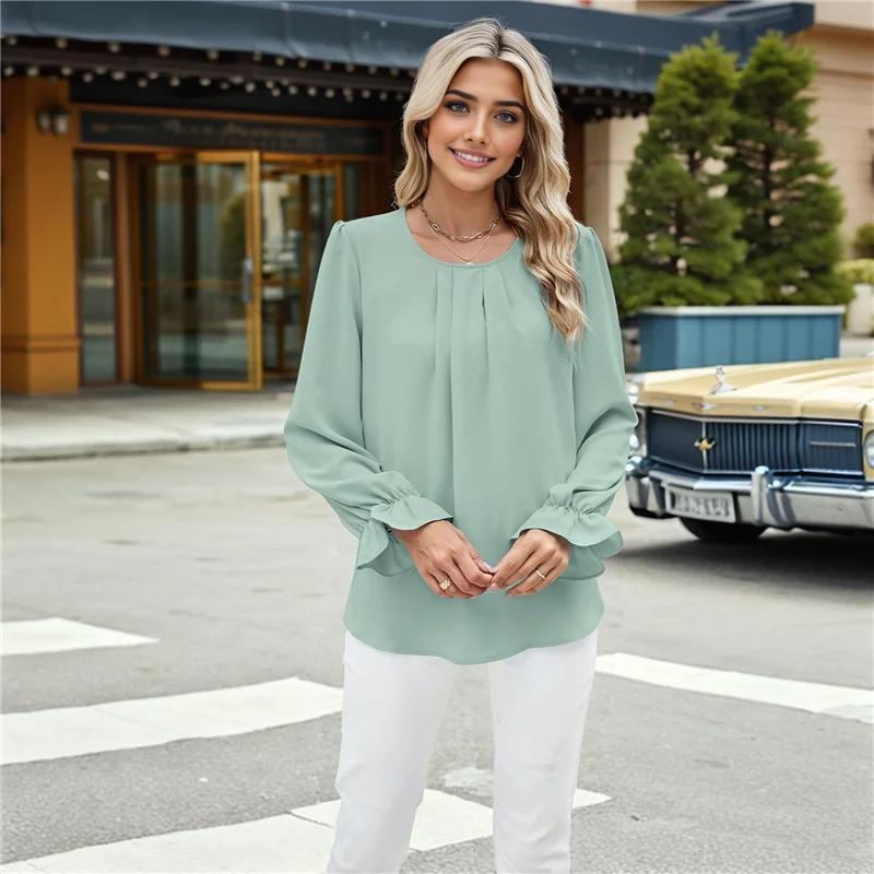 ABRT-レディース ソリッドカラー ラウンドネック 長袖 ルーズ シフォン シャツ トップス ファッショナブルでエレガントなプルオーバー トップス