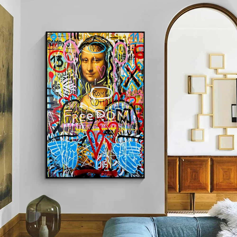 Mona Lisa Poster, Freedom Stree Graffiti Wall Art, Modern Canvas Painting Print, Abstact Picture, Living Room Home Decor Cuadros