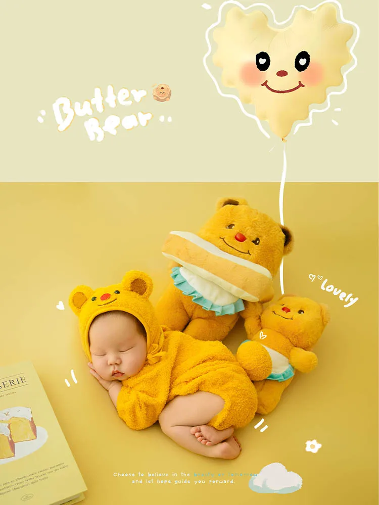 Yellow Bear Newborn Photography Props Kit Butter Bear Style Baby Costume Plush Dolls Accessories for Baby Studio Shooting Theme
