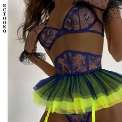 ECTOOKO 2022 New Color Matching Small Skirt Sexy Lingerie Three-piece Set with Leg Rings without Stockings