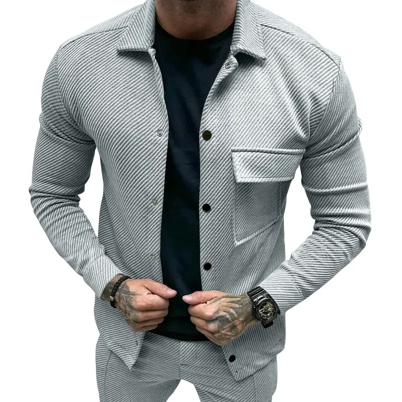 Cross-border autumn casual men\'s heavy-duty twill lapel neck long-sleeved top single-breasted solid-color slim-fit jacket