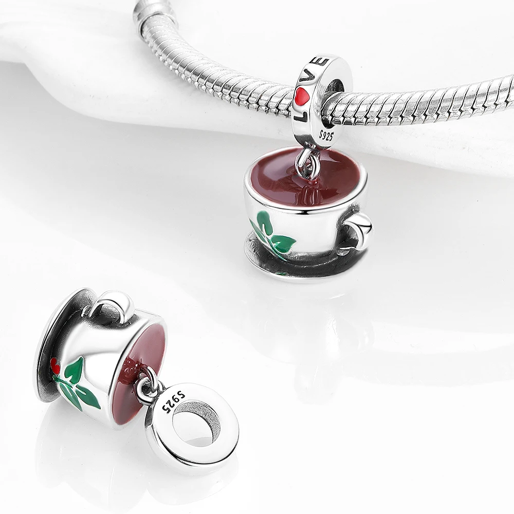 Charms Original 925er Silber vergoldet Nachmittagstee Kaffee Anhänger Perlen passen Armband DIY feines Geschenk Frauen zarte Schmuck Accesso