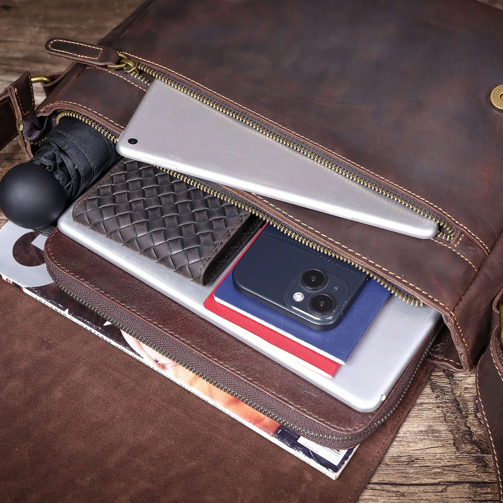 Vintage Herren-Aktentasche aus echtem Leder, 15-Zoll-Laptoptasche, Messenger-Taschen für Arbeit und Business, Crazy Horse Rindsleder-Handtasche für Männer, La – Detail 31