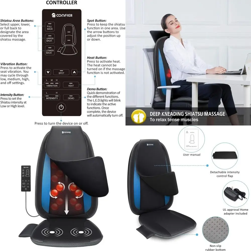 

Heated Shiatsu Massage Pad for Back Pain, Ergonomic Cushion for Home & Office Chairs, Ideal Gift