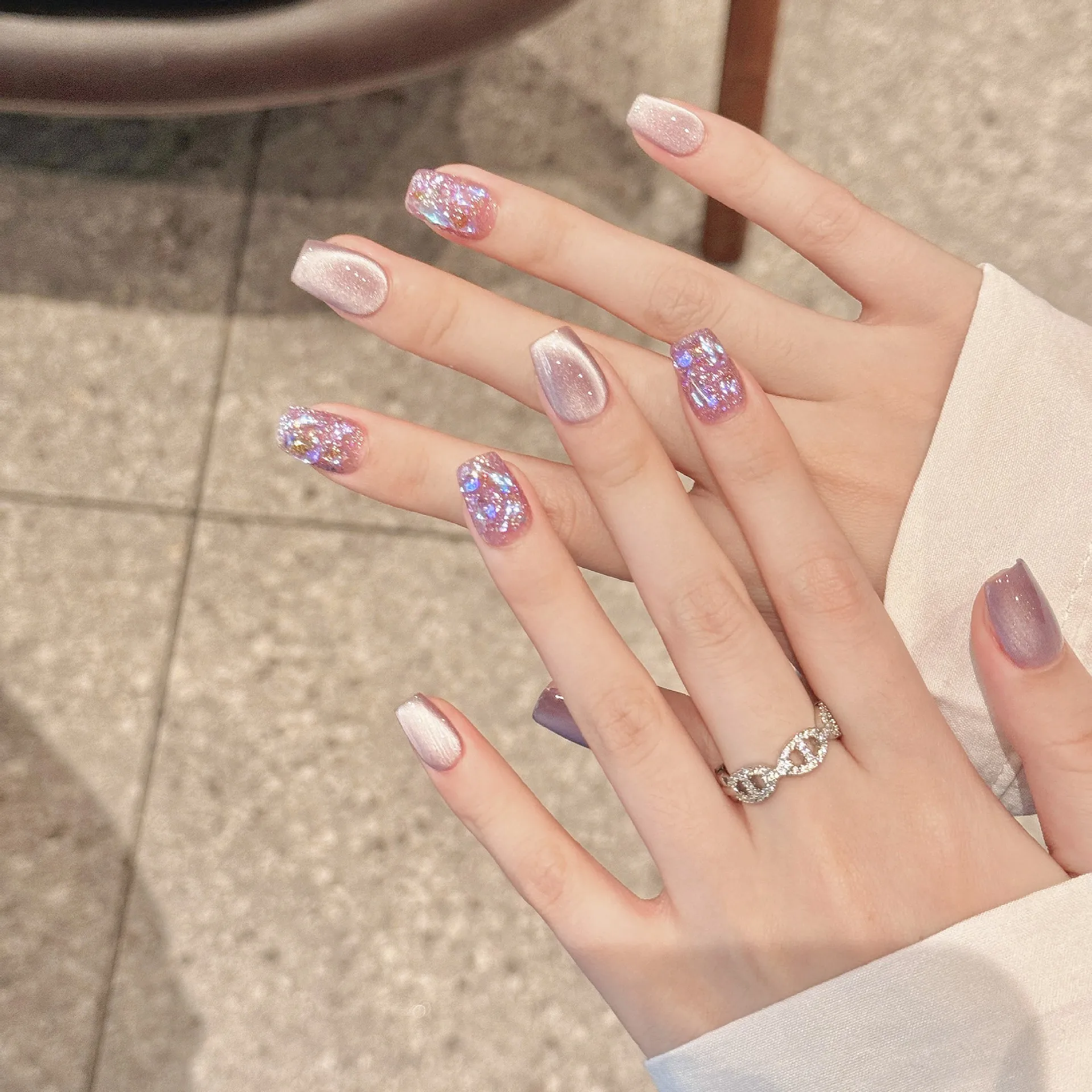 手作りのフェイクネイル,ラインストーン,プレス,氷,透明,青,キャッツアイ,スター,取り外し可能,光沢,ショート,着用可能