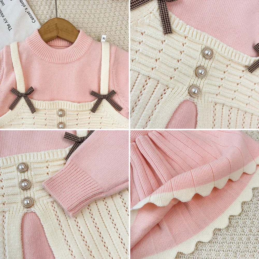 Kinder Mädchen 2-teiliger Strickanzug Langarm-Oberteil mit Schleifendekoration, zweiteiliger Pullover-Rock, süßes Prinzessinnen-Outfit für Kleinkinder 2-6 Jahre – Detail 8