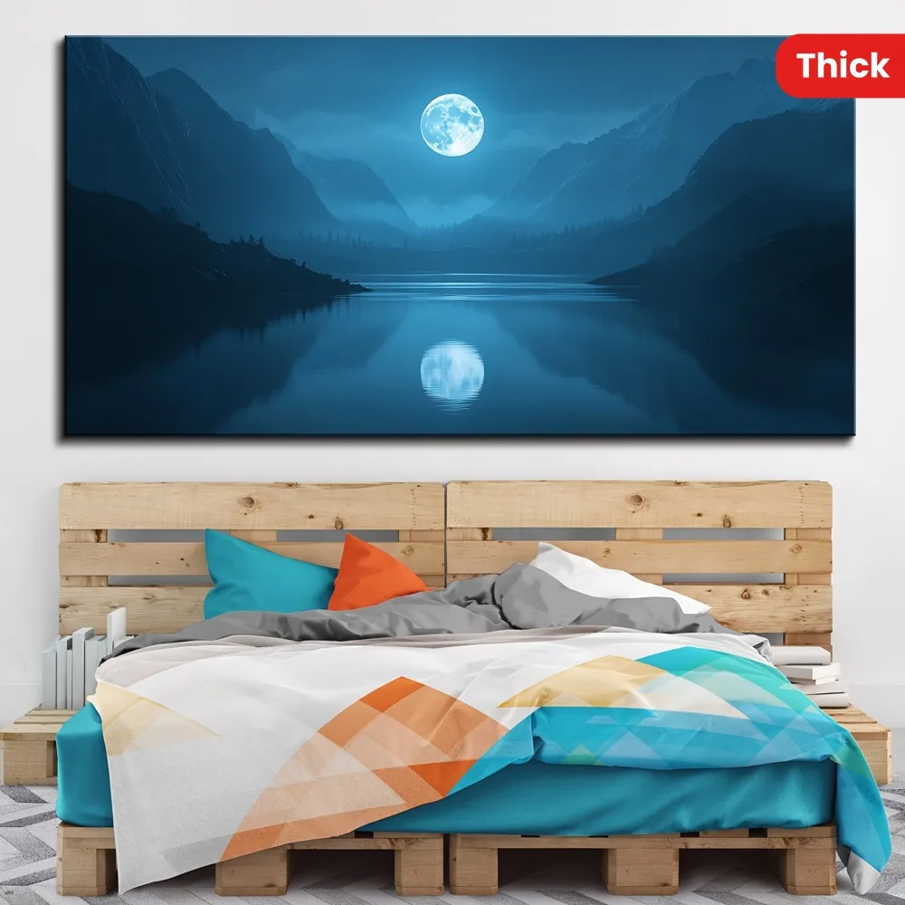 1.5 inch thick pine solid wood frame, moon ocean landscape full moon painting, suitable for hanging indoors