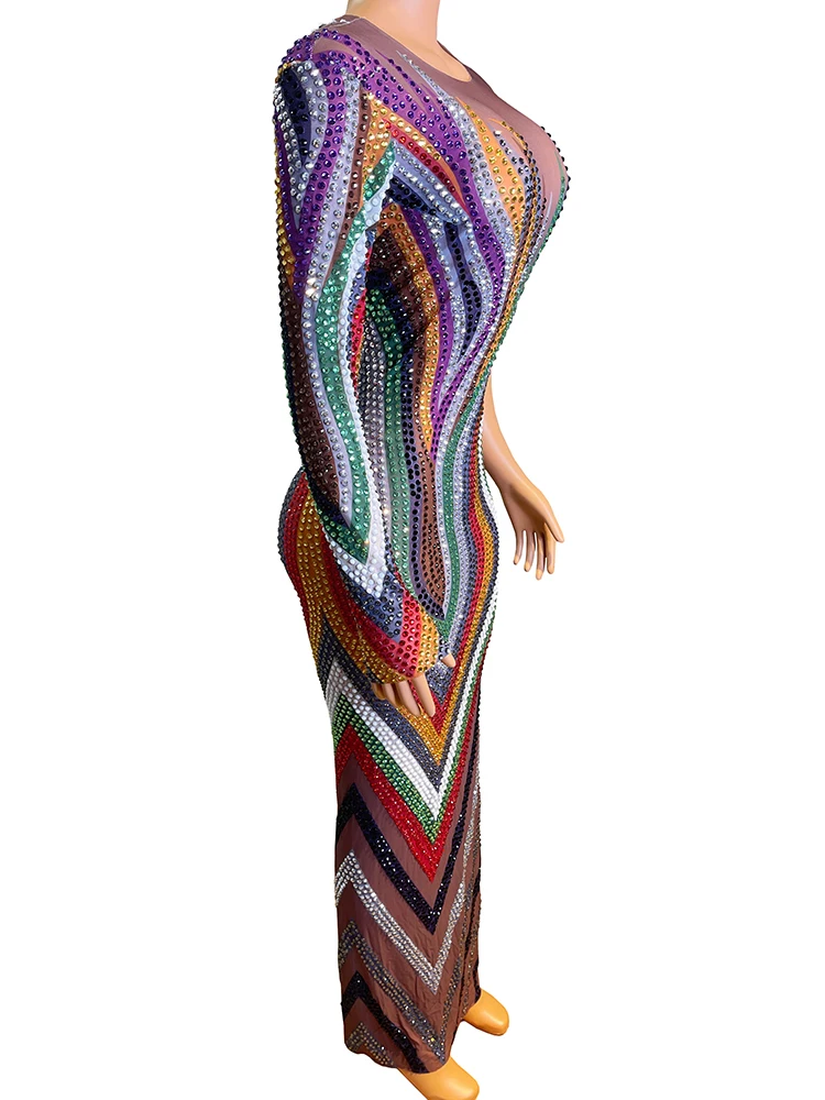 럭셔리 컬러풀 라인스톤 싱글 슬리브 투명 긴 원피스 가수 스타 이브닝 파티 축하 캣워크 드레스, 무대 착용