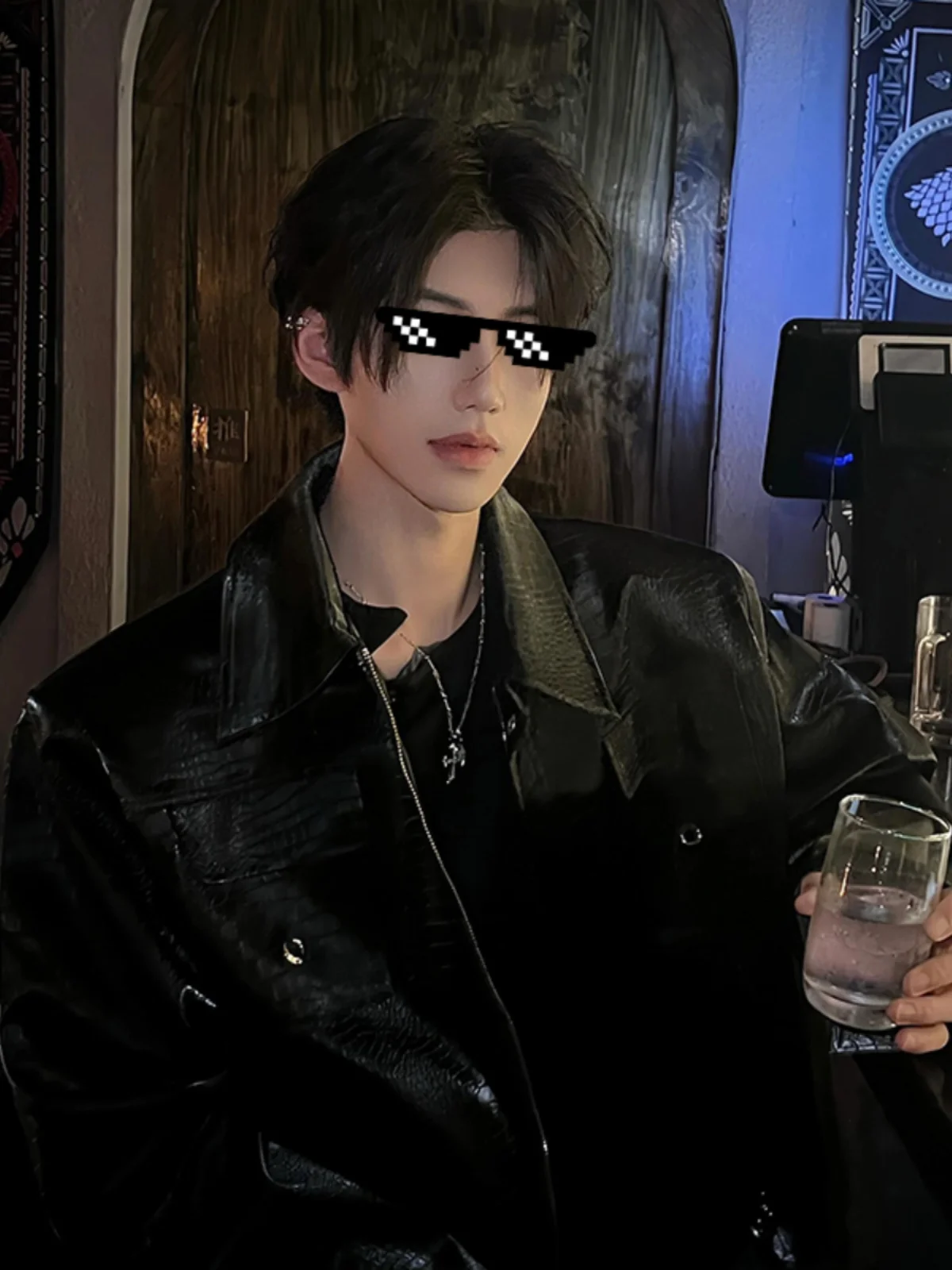 

Bla Crocodile Pattern Padded oulder Leather Jaet Men's ort Sle Motorcycle Jaet Autumn Season High Street CleanFit