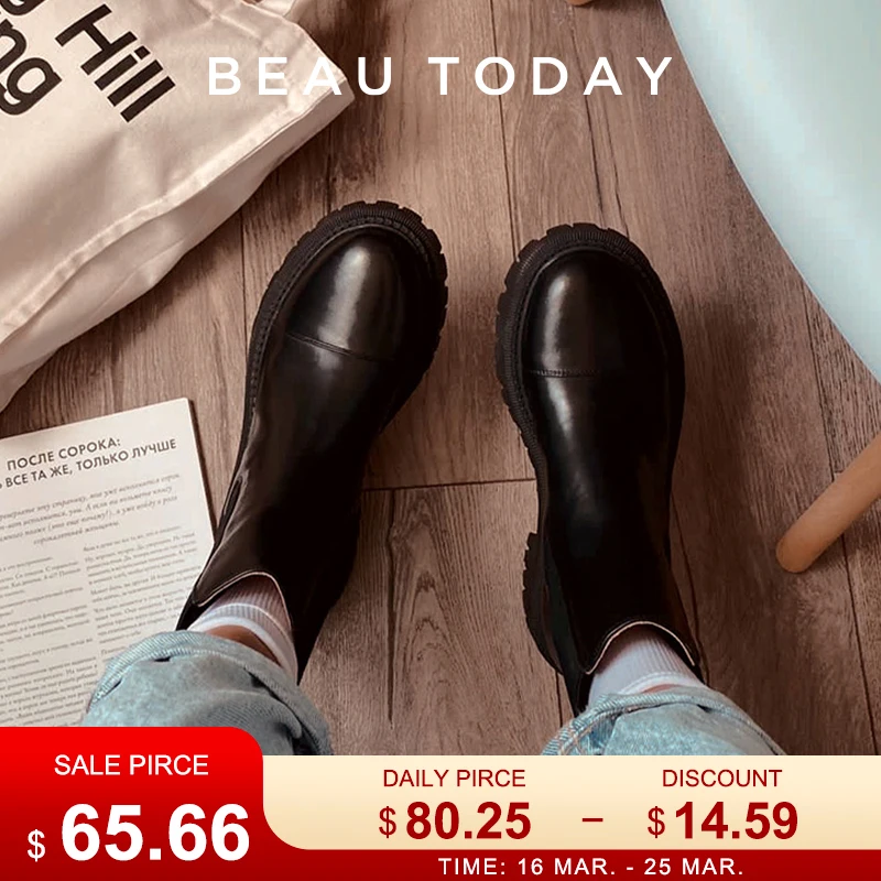

BeauToday Ankle Boots Platform Women Cow Leather Chelsea Boots Round Toe Elastic Band Thick Sole Ladies Shoes Handmade 02379