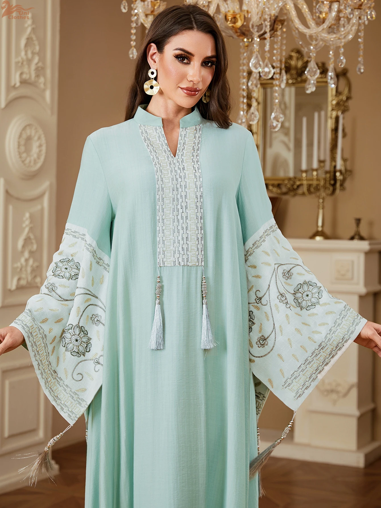 Uni luxo retalhos mulher vestido de noite dubai manga dividida abaya borla embelezado caftan marocain femme