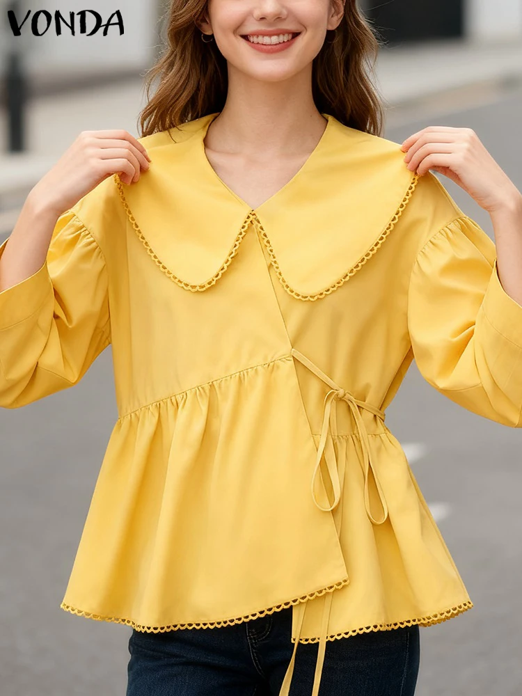 

VONDA модная блузка с воротником Питера Пэна, женские однотонные рубашки с рукавами 3/4 и повязками, осень 2024, топы-туники, повседневные свободные корейские блузки