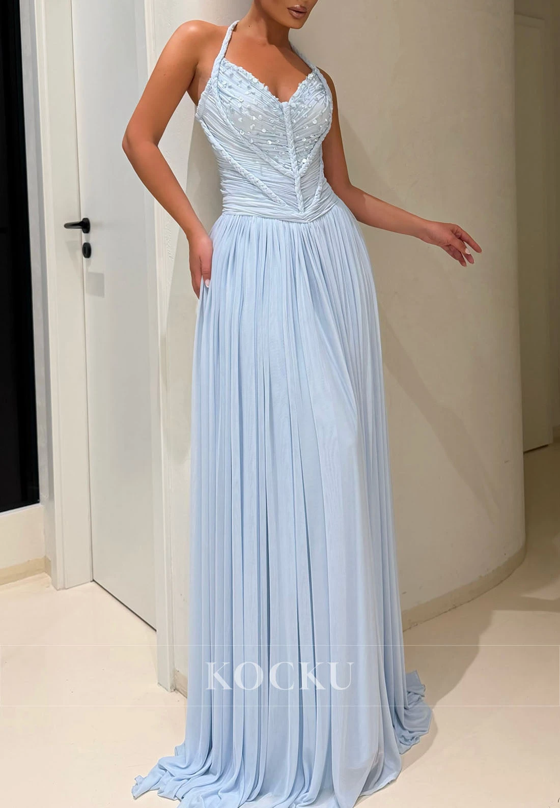 Arabia Modern Blue A-Line Halter Strapless Chiffon Evening Dresses Chest with Sequins Floor Length Graceful Prom Party Gowns