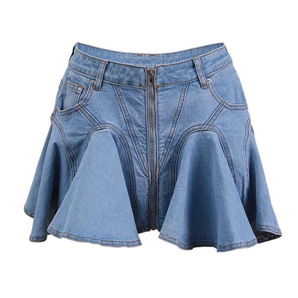 Summer Denim Ruffled Skirt Women Zipper Wrinkled Mini Pleated Skirts Casual Pocket Slim High Waist Jeans Skirts Korean Style