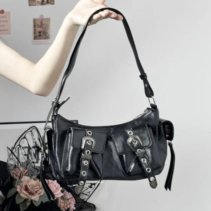 

Locomotive Y2K Cool Hot Girls Shoulder Bags Portable Multi-Pocket Underarm Bag for Women Solid Color Pu Leather Female Handbags