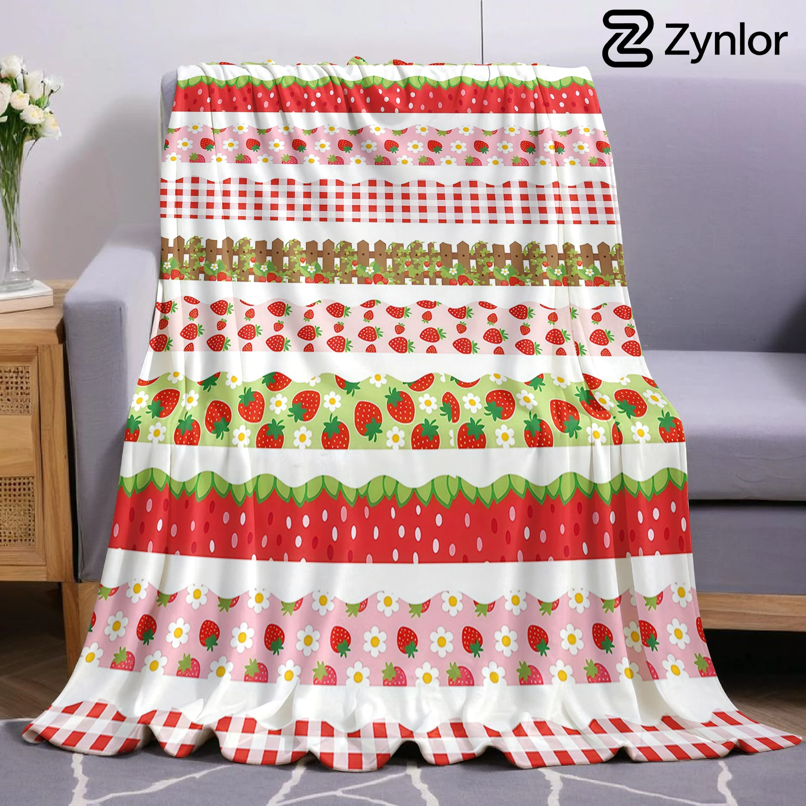 Strawberry Ribbon Cartoon Anime Print Flannel Blanket Soft Warm Throw for Kids Bedroom Sofa Bed Christmas Office Car