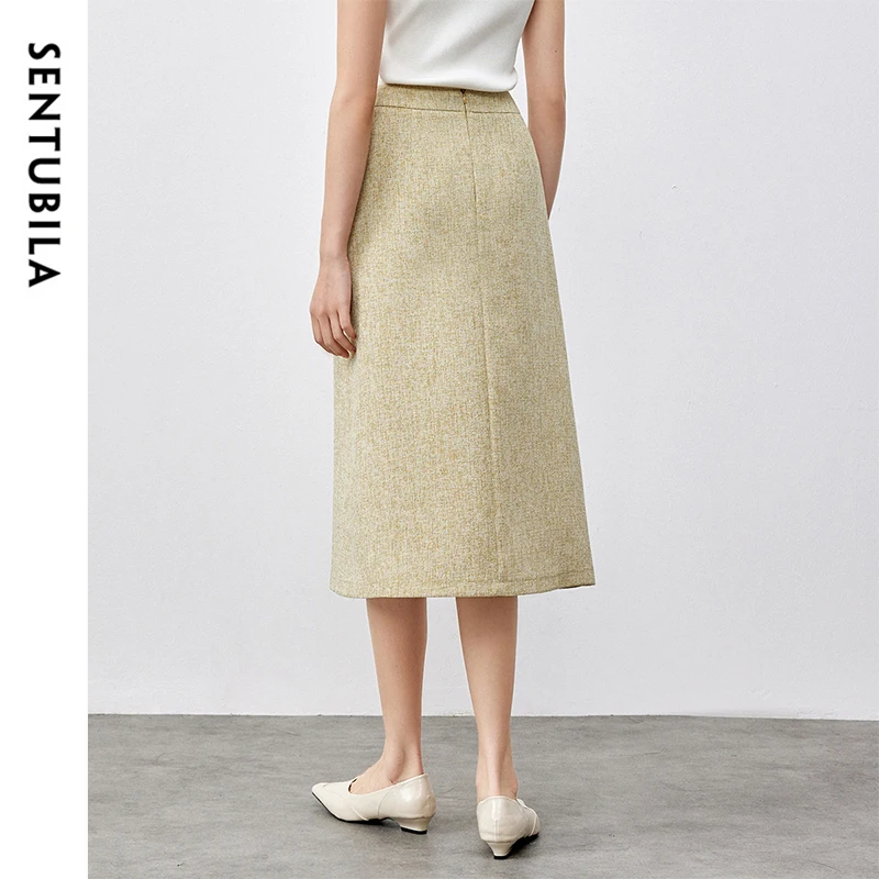 SENTUBILA Spring Women Midi Skirts 2025 Spring Vintage Style Commute A-line Solid Pockets Classic Elegant Long Skirt 151Q58768