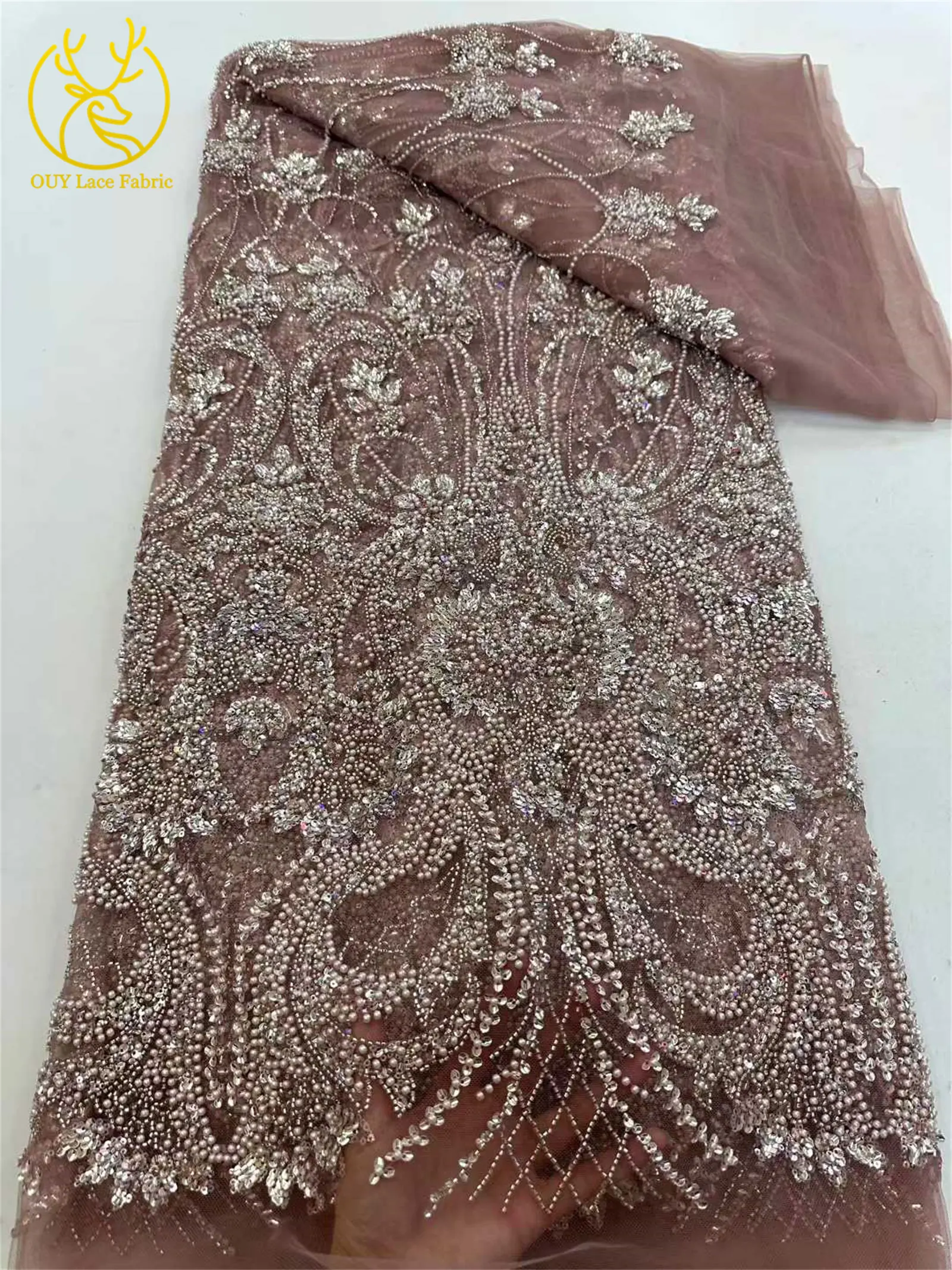 2026 Eleganter, hochwertiger afrikanischer nigerianischer Perlen-Spitzenstoff, luxuriöses französisches Pailletten-Netzgewebe, 5 Yards für Damen-Abendkleider und Partys – Detail 13