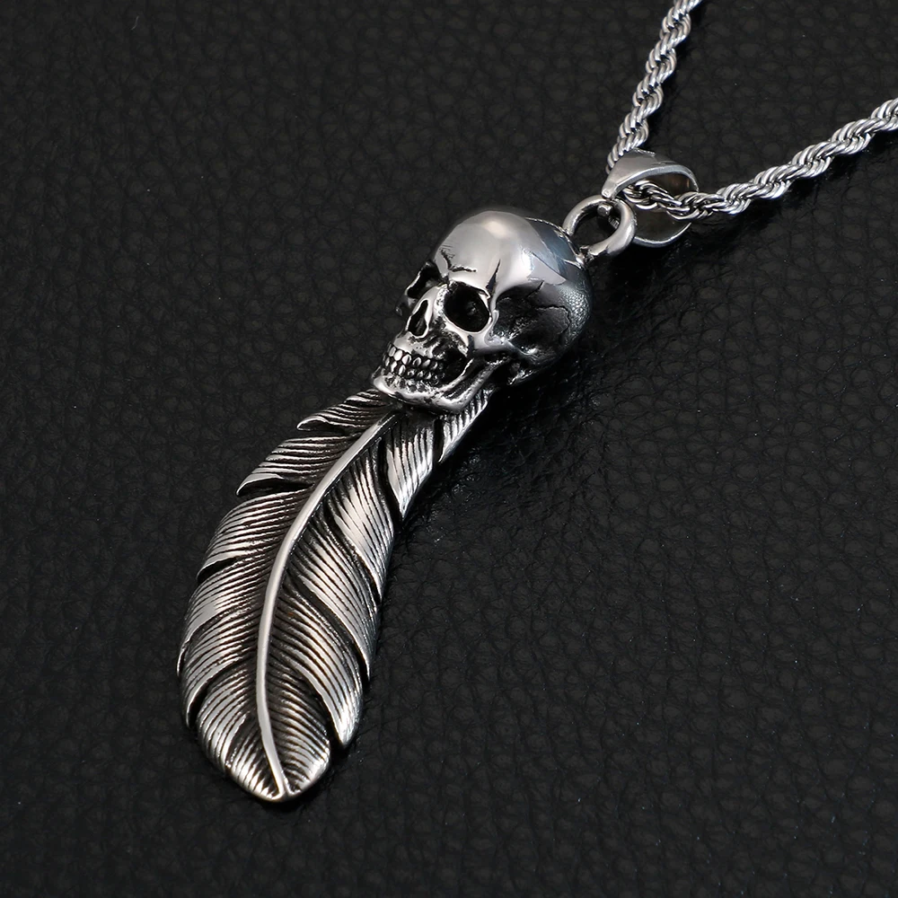 

Punk Vintage Skull Feather Pendant Stainless Steel Fashion Men's Women's Unique Creative Chain Necklace Jewelry Gifts Wholesale