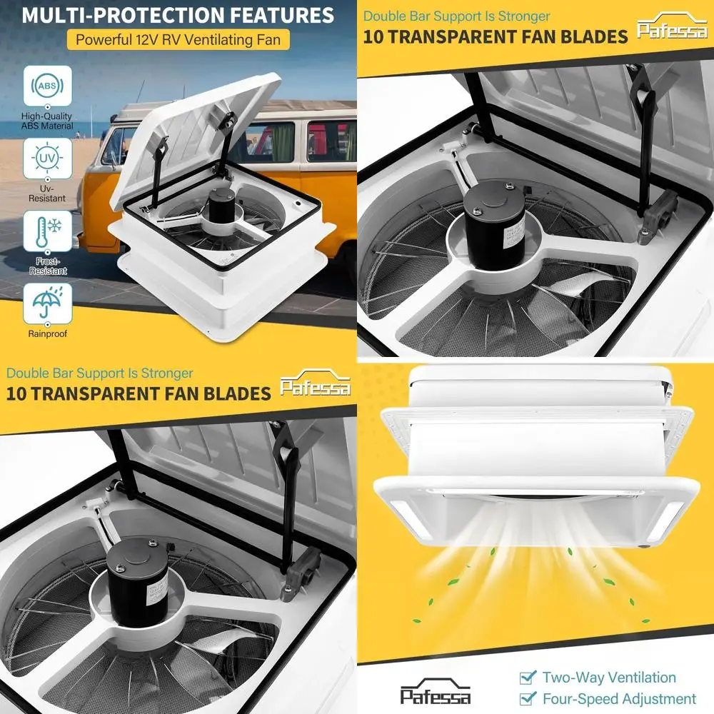 14インチ RVルーフベントファン LEDライト付き - 4段階速度調整可能 リバーシブル 12V デラックス RV電動ルーフベント、タッチ式オンオフ、速度調整機能、手動
