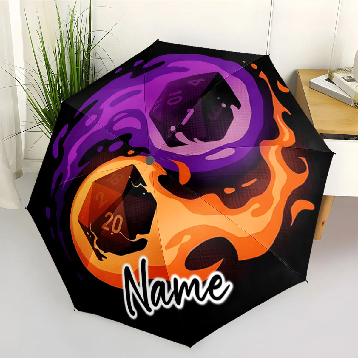 Custom Name Umbrella Colorful Dice-Themed Umbrella with Swirling Print 8 Iron Ribs Folding Umbrella Auto-Open Fashion Sunshade