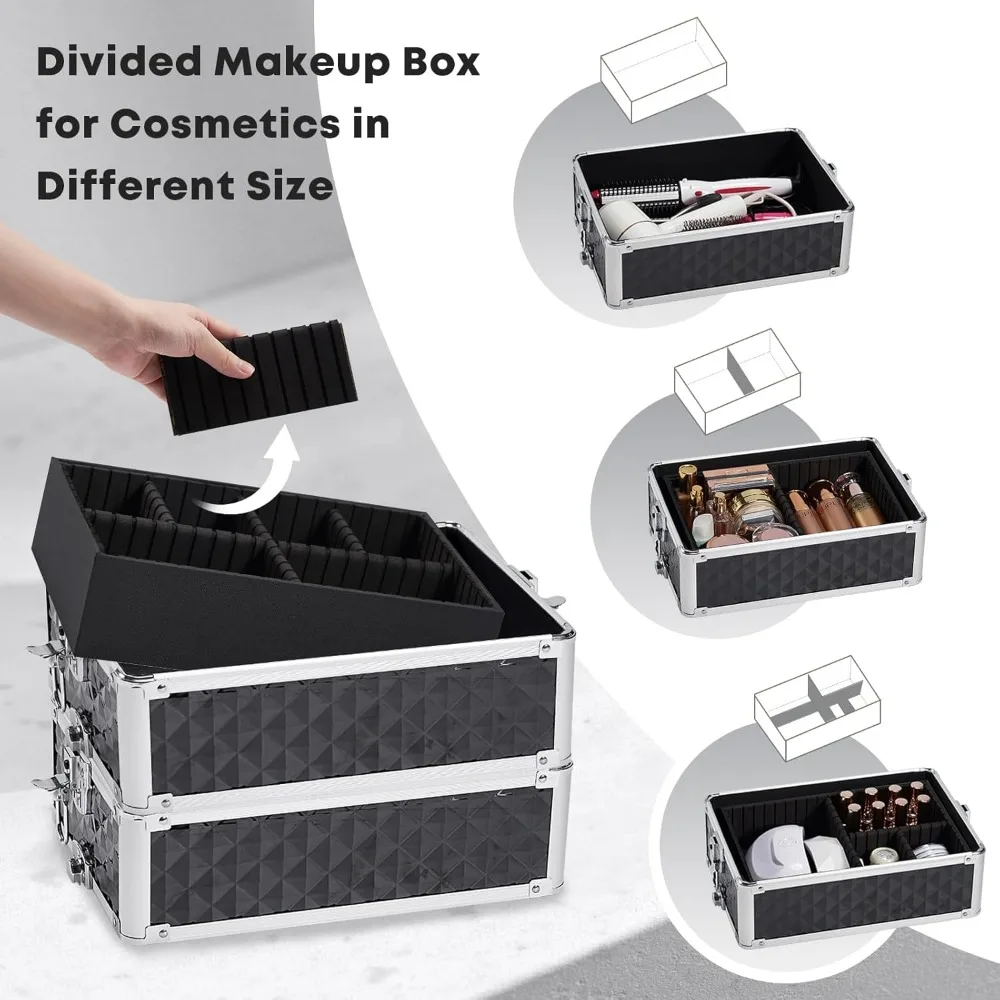 4-in-1 롤링 메이크업 케이스 (바퀴 포함), 잠금 가능한 수납공간, 메이크업 아티스트, 매니큐어, 타투, 여행용 전문 화장품 카트