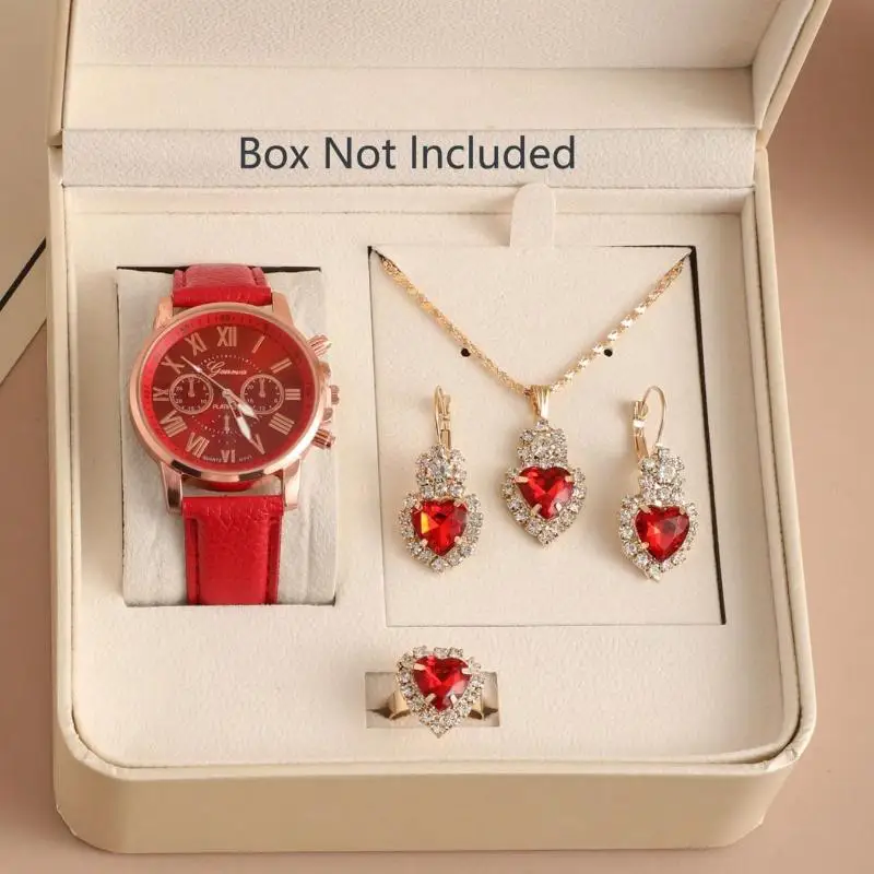 

5pcs-Ladies' Watch Fashion Roman Dial Leather Strap Quartz Watch Girls' Clock Water Diamond Jewelry Set (No Box)