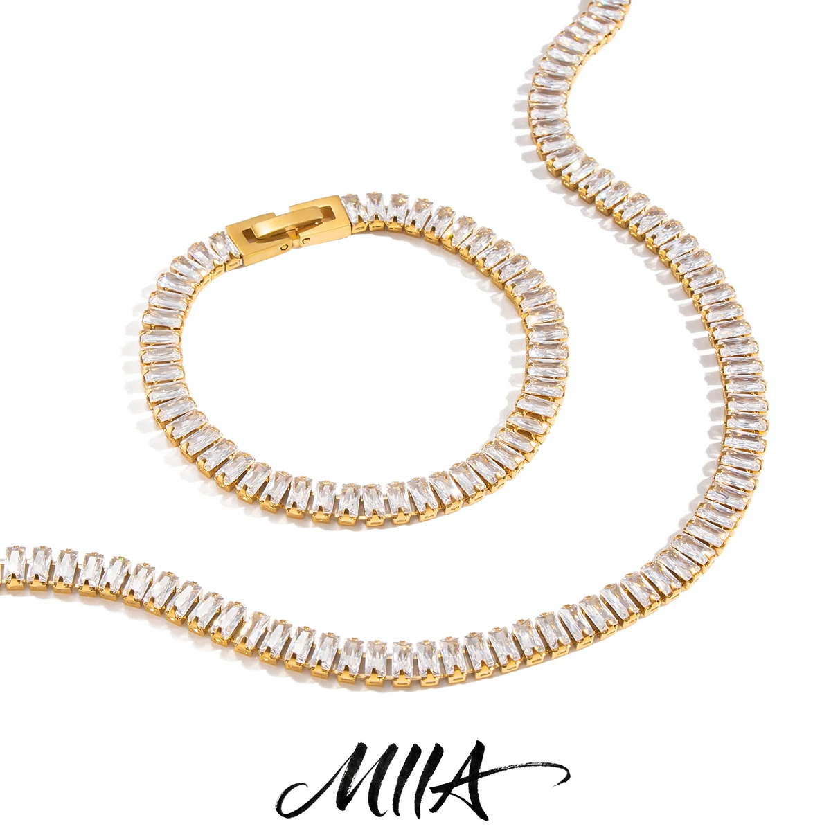 Miia Jewelry Baguette CZ Jewelry Set 18K Gold Stainless Steel Sparkling Choker Necklace & Bracelet Women Party Jewelry Gift