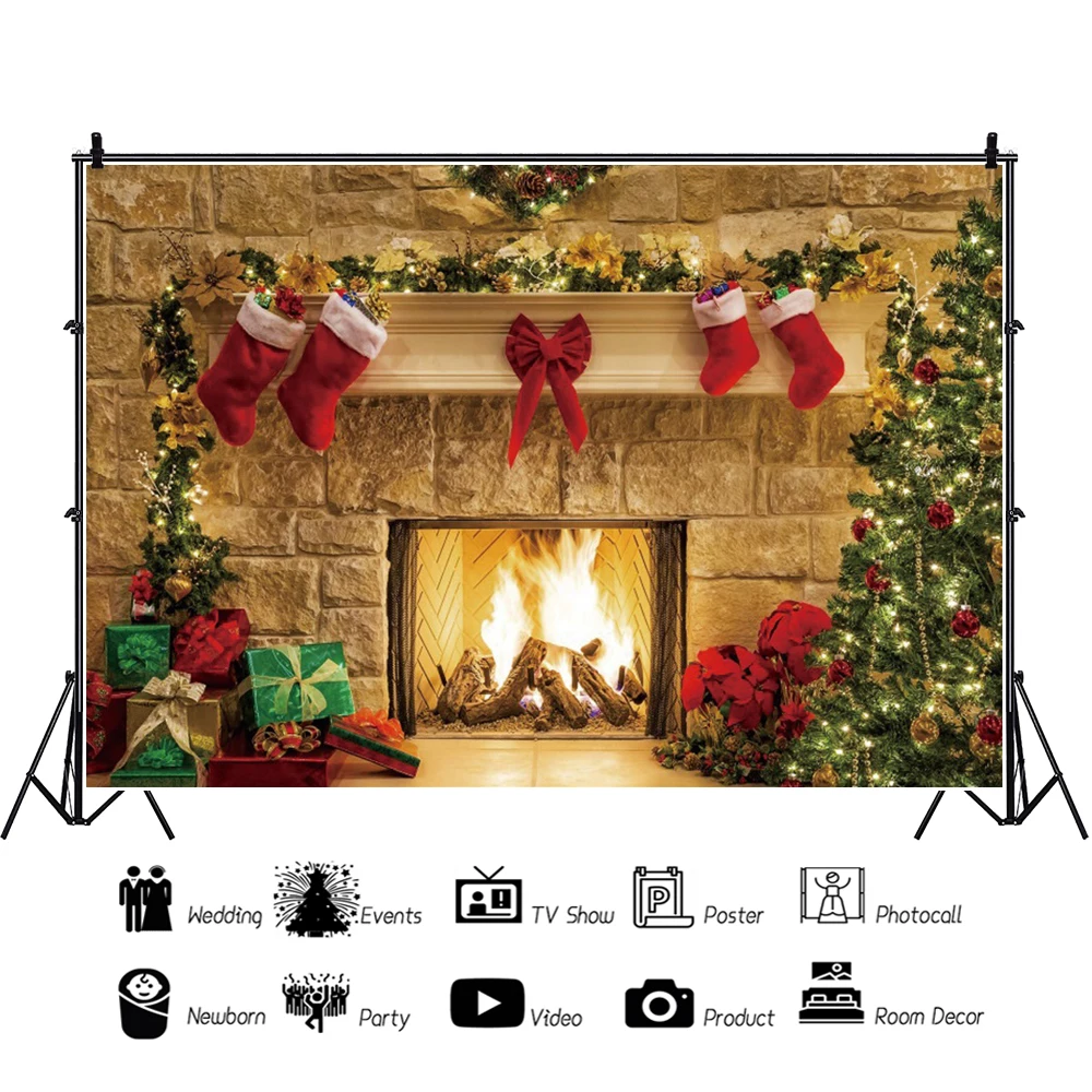 Fondo de Feliz Navidad para niños, sesión fotográfica, árboles, regalo, luces brillantes, decoración de chimenea, Fondo de foto de bebé, decoración de fiesta familiar