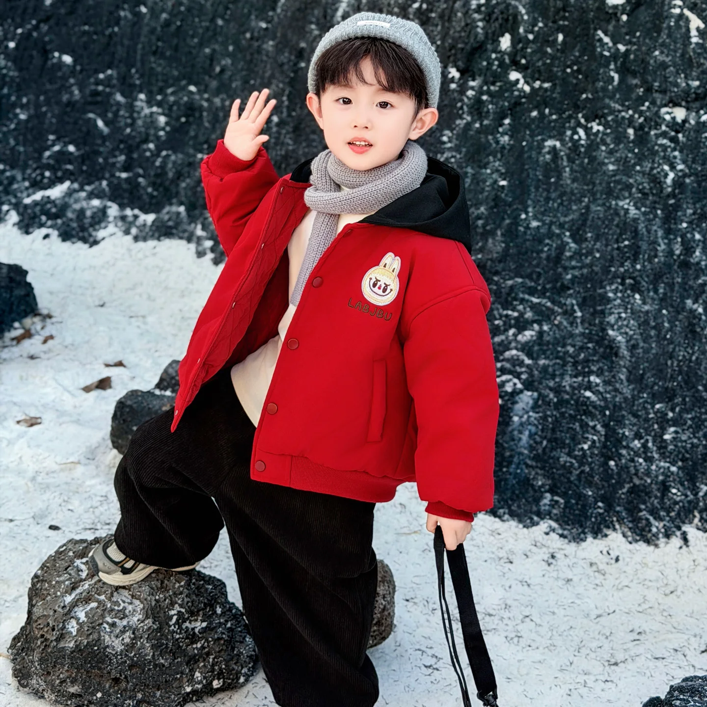 

Thiened Fce Cotton Jaet for Boys Rabbit Fur Lined Parka Coat Baby Clothes Autumn Winter Kids Faion Youth Sle