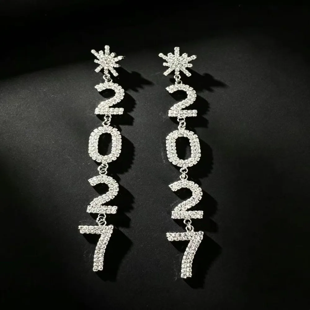1 Pair/Set Elegant 2027 Long Drop Earring Fashion Rhinestone 2027 Digital Earrings Temperament All-Match