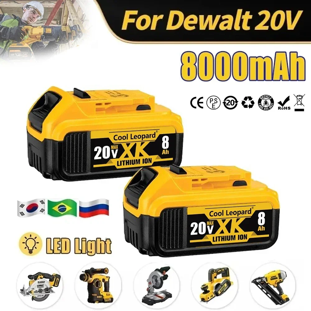 20V 8000mAh 18650 Lithium Battery For Dewalt DCB200 DCB182 DCB609 DCB184 Power Tool Replacement Rechargeable Battery Cell DCB205