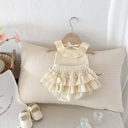 Korea Style Baby Blouses with Skirt 2pcs Sleeveless Ruffle Collar Tops with Shorts Baby Girl Princess Puff Skirt Sets