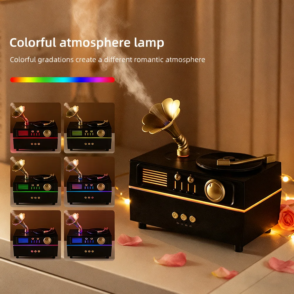 

1 шт., аромадиффузор в граммофонном стиле с питанием от USB, увлажнитель воздуха в стиле ретро с 7 цветными эффектами окружающего освещения, 3-уровневое время