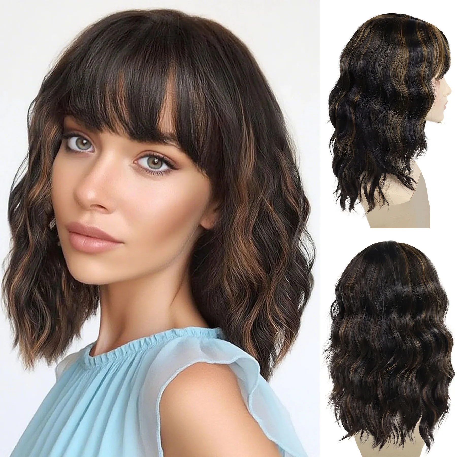 

Synthetic Hair Women Blonde Mixed Brown Wig Long Wavy Curly Wig with Bangs Shoulder Length Wigs Heat Resistant Wig Daily Party