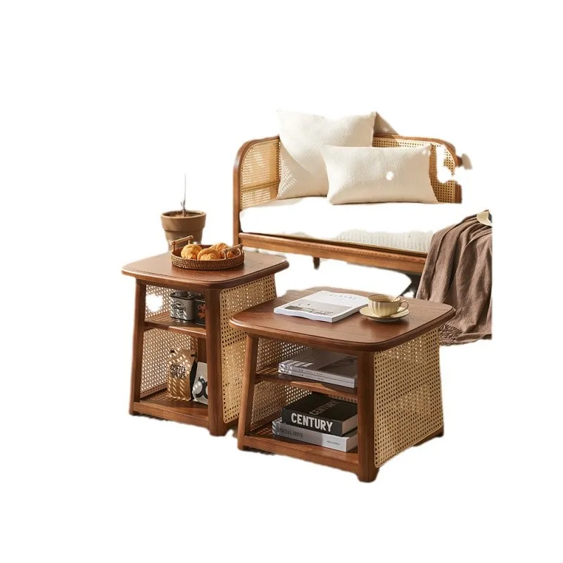 Medieval Japanese style home coffee table living room retro small apartment solid wood glass rattan round square simple table