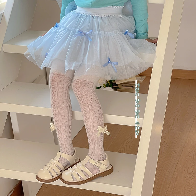 Lovely Girls Mesh Lace Bow Design Footed Pantyhose Lightweight Hollow Breathable High Elastic Comfortable Tights For All Season