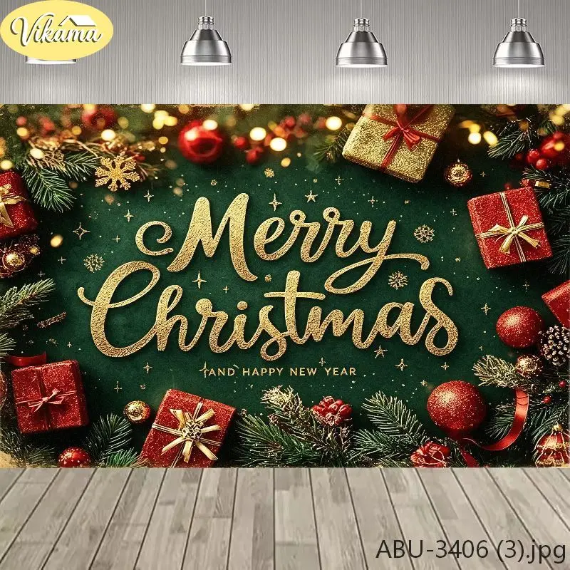 VIKAMA Ink Green Gold Sparkle Christmas Tapestry, Merry Christmas Background Cloth, Party Wall Decor