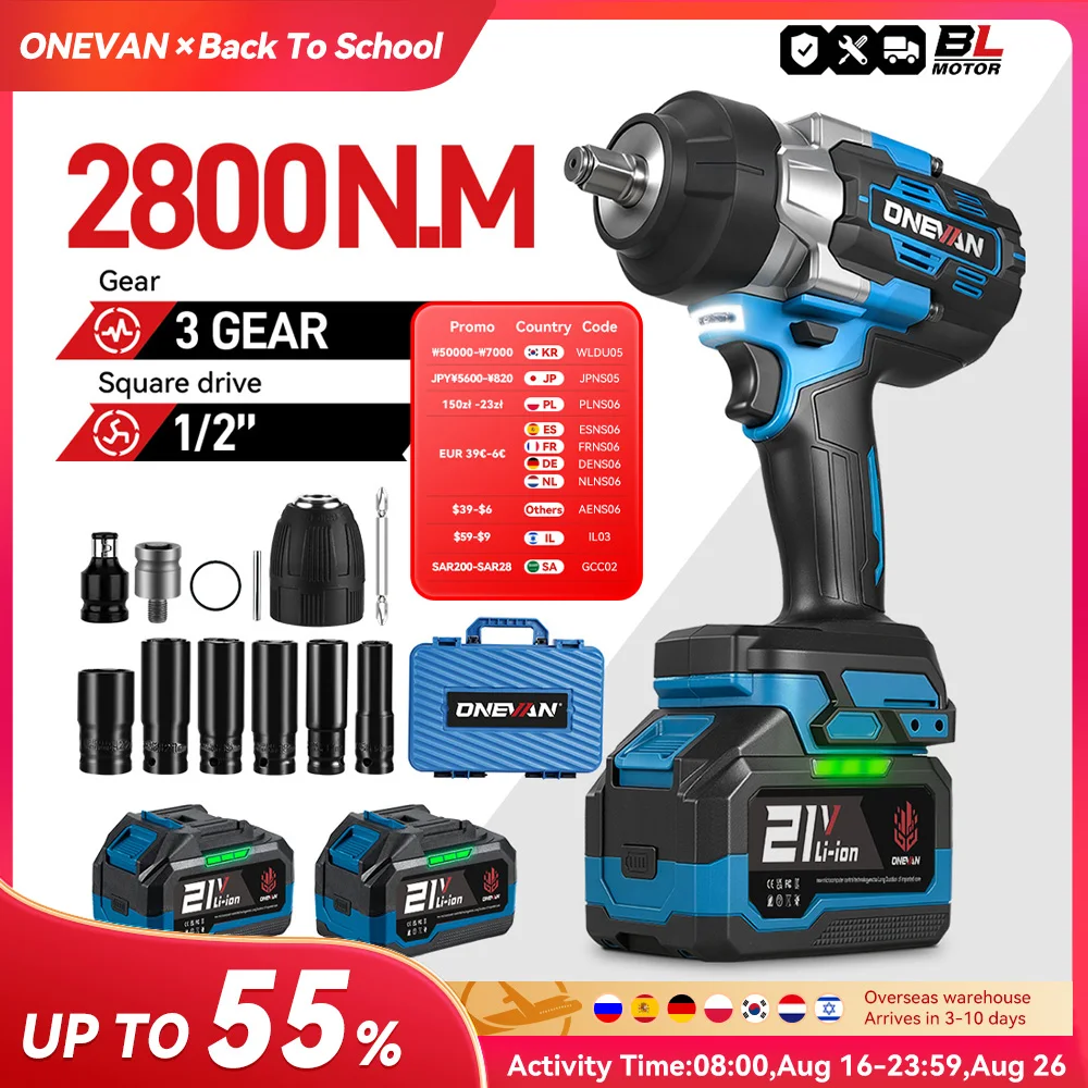 ONEVAN 2800N.M Bürstenloser elektrischer Schlagschrauber 1/2 Zoll Akku-Drehmomentschlüssel Schraubendreher Elektrowerkzeug für Makita 18V Batterie Pin