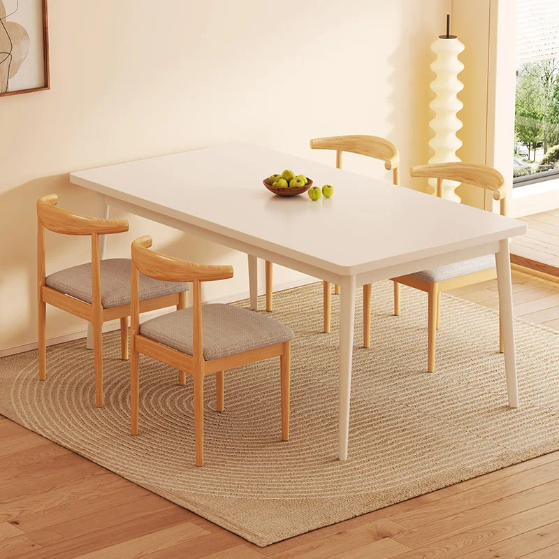 Solid Wood White Dining Table Combination Rectangular Household Eating Legs Chair