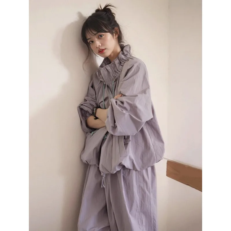 Women Spring Autumn Casual Outdoor Two Piece Set Loose Stand Collar Windproof Jacket And Drawstring Jogger Pants Mountain Style