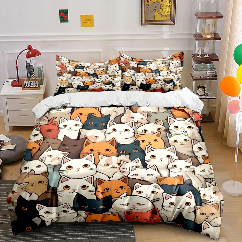 A group of colorful cartoon cats Pattern Duvet Cover Set Digital Print Colorful Polyester Bedding with Zipper Closur kids gifts