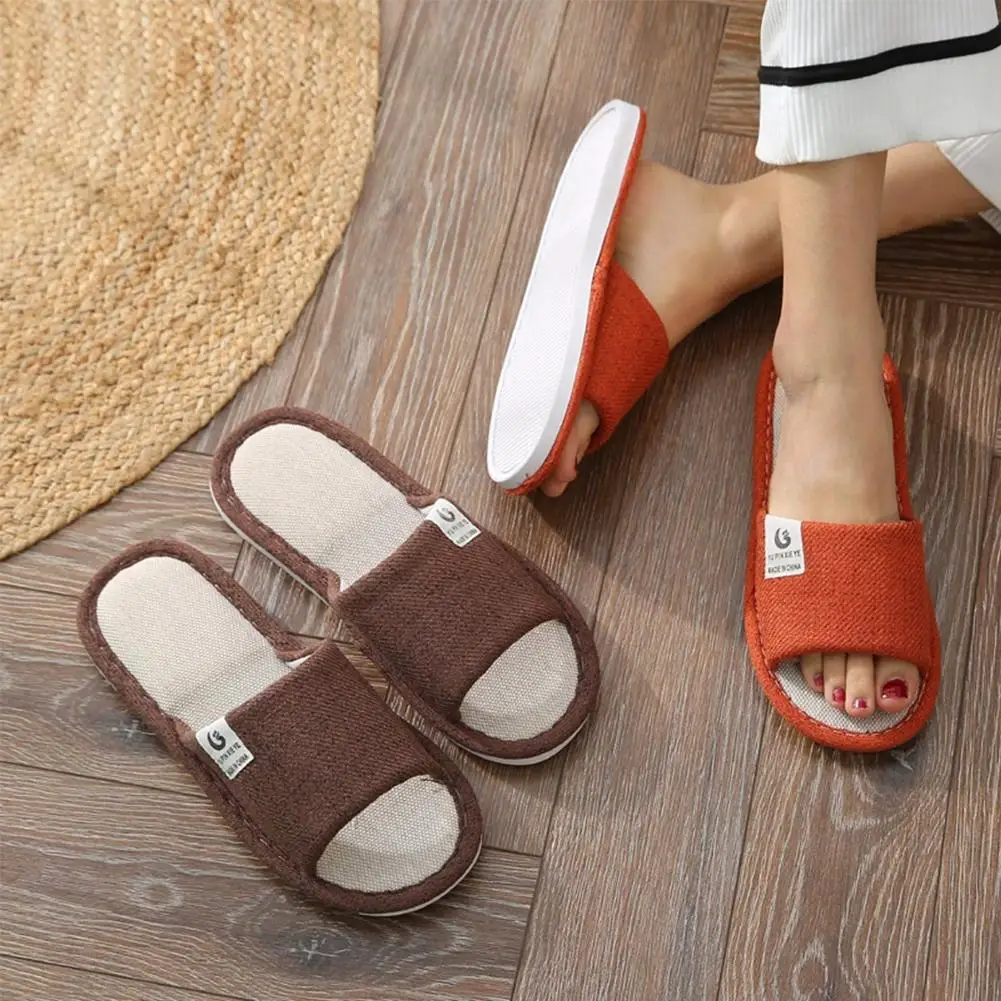 Simple Linen Slippers Breathable Men's Indoor Slippers Open-Toe Non-Slip House Shoes Bedroom Silent Slippers For All Seasons