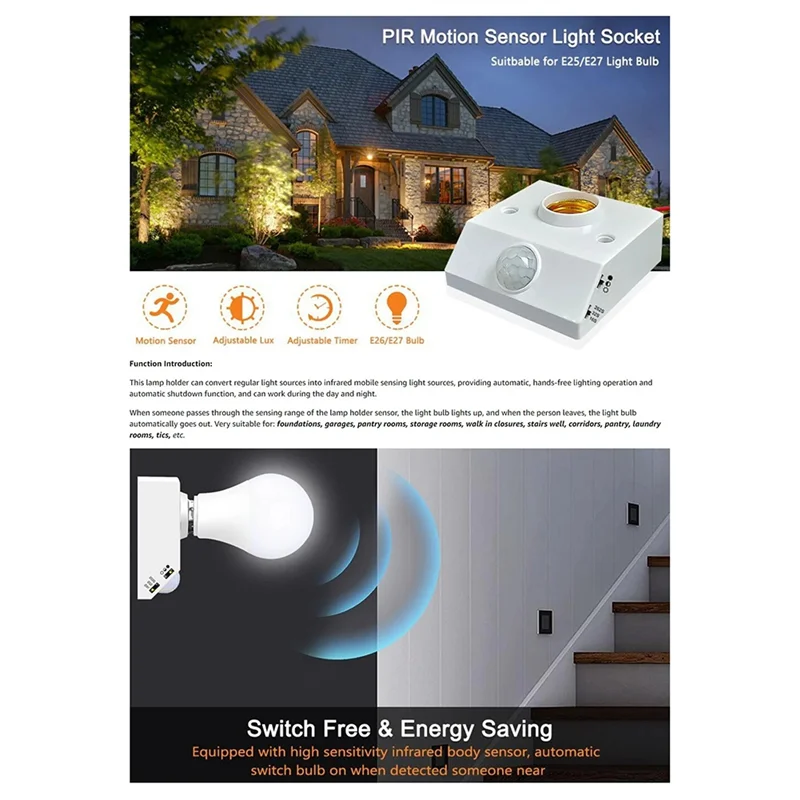 PTST 2PCS E27 Lampholder Nut Socket With PIR Motion Sensing Switch Lamp Holder Nut Socket Bulb Socket AC 85V-265V Easy To Use