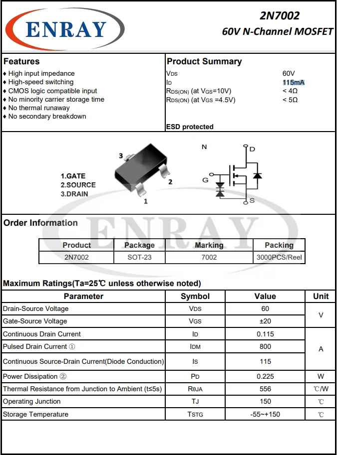 (3000PCS/reel) 2N7002K 2N7002 7002 60V N-Channel MOSFET 115mA