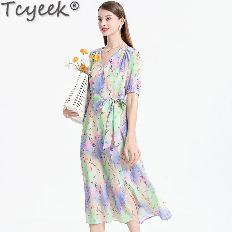 Tcyeek 100% Real Mulberry Silk Dress 2024 Summer Womens Dresses Elegant Dresses for Women Clothing V-neck Long Dress Lace-up