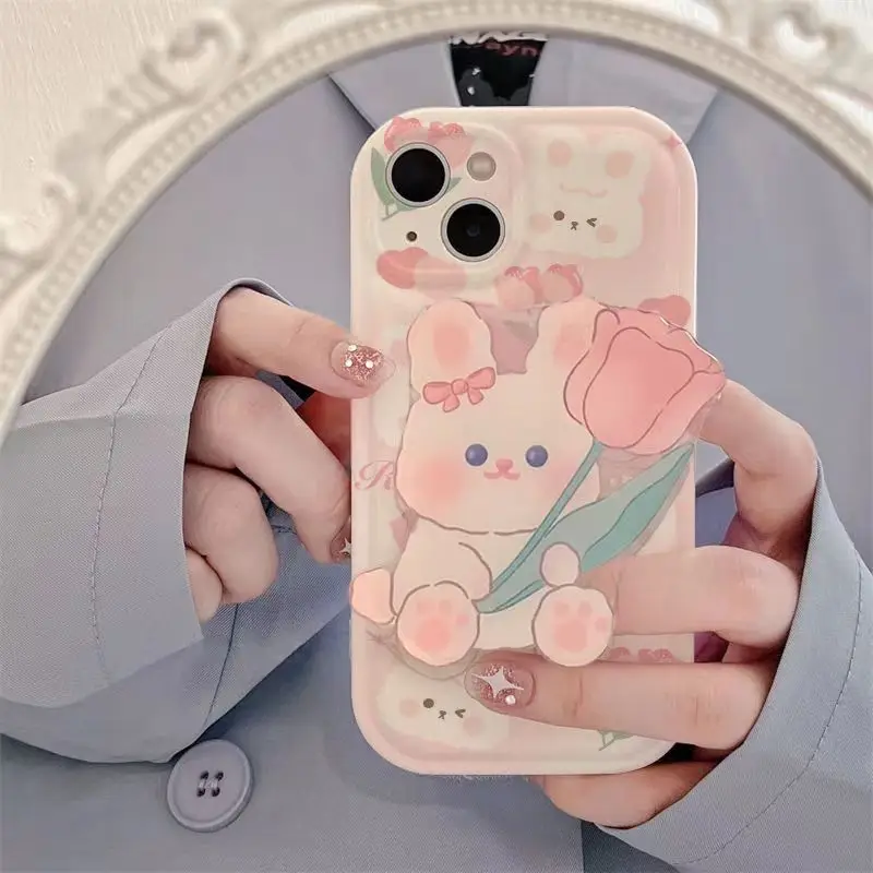 Pink Tulip Rabbit Phone Case For iPhone 14 Plus 7 8 X XS XR 11 12 13 Pro Max Silicone Case Cover With Holder